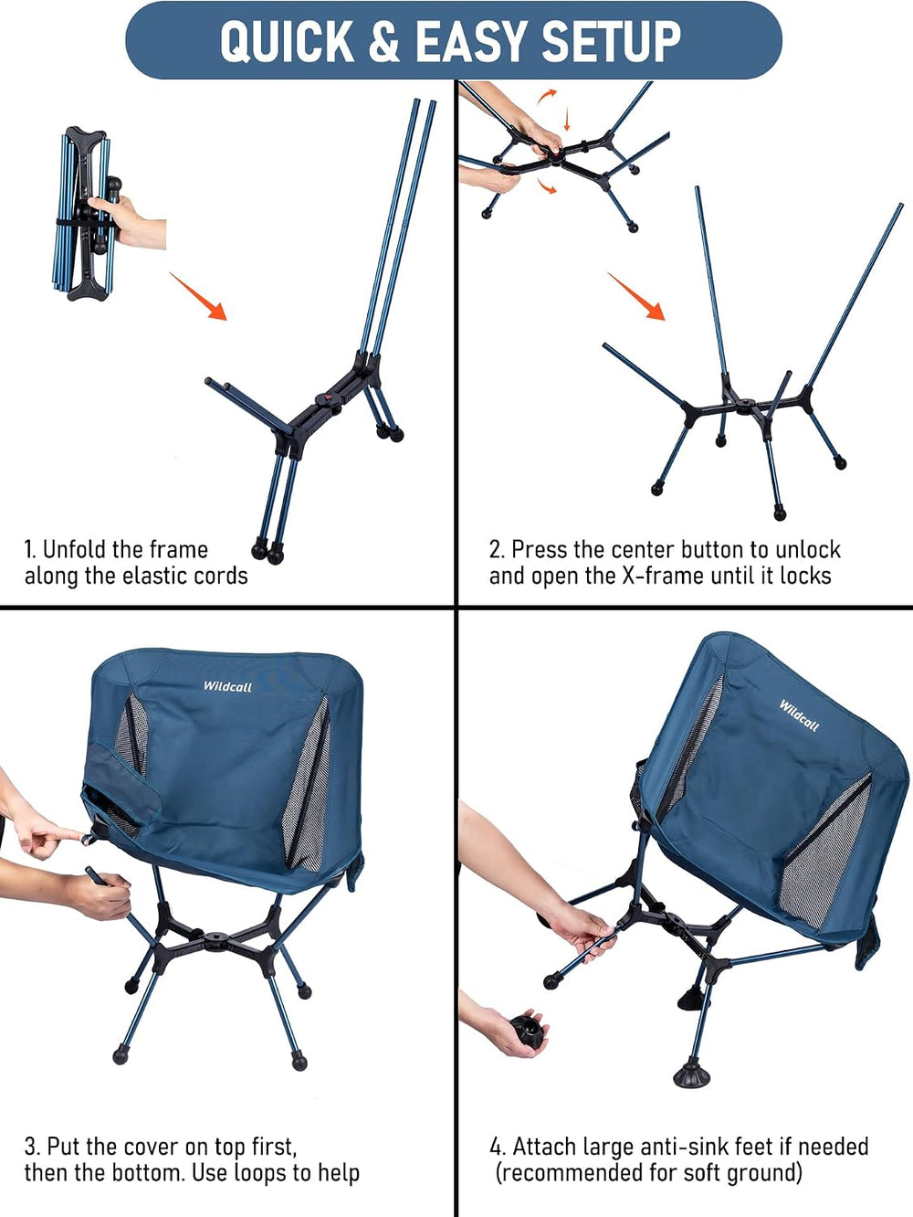 WildCall Lightweight Folding Camping Chair Quick Setup Frame Beach Chair Comp...