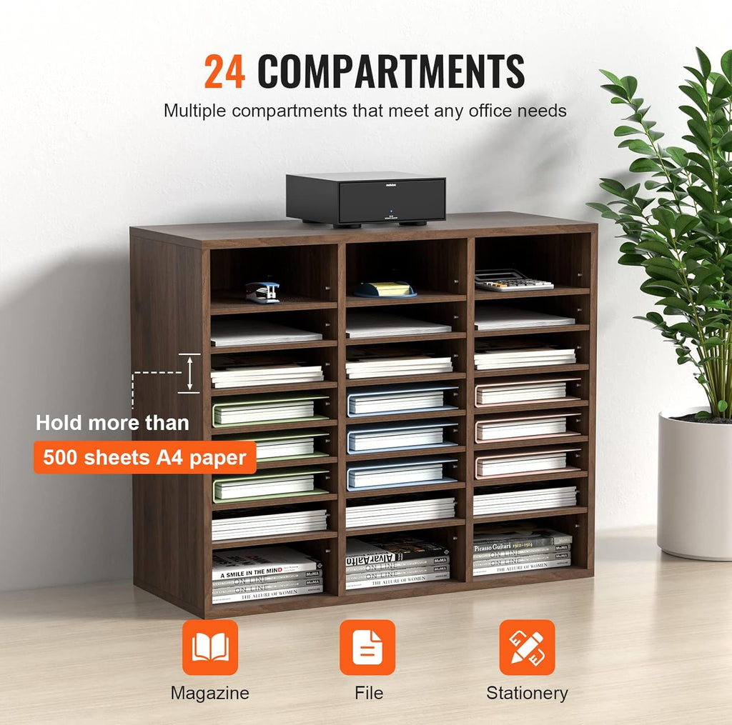 VEVOR 24-Compartment Office Mailbox, Adjustable Shelves, Wood Literature Sorter 29x12x24.4 inches – Ideal for Office, Home, Classroom, Mailrooms Organization – EPA Certified (Brown)