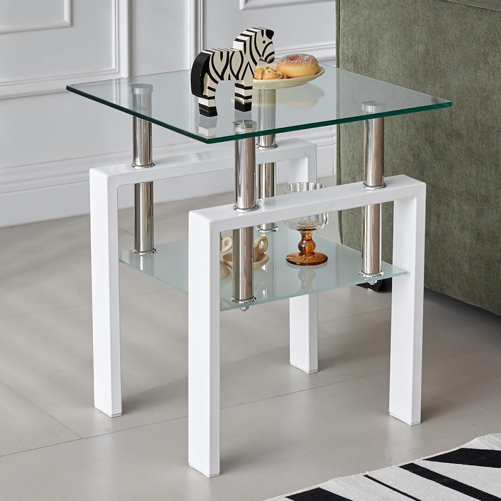Glass End Table Tea Table with Shelf Side Table with Metal Legs Modern Small ...