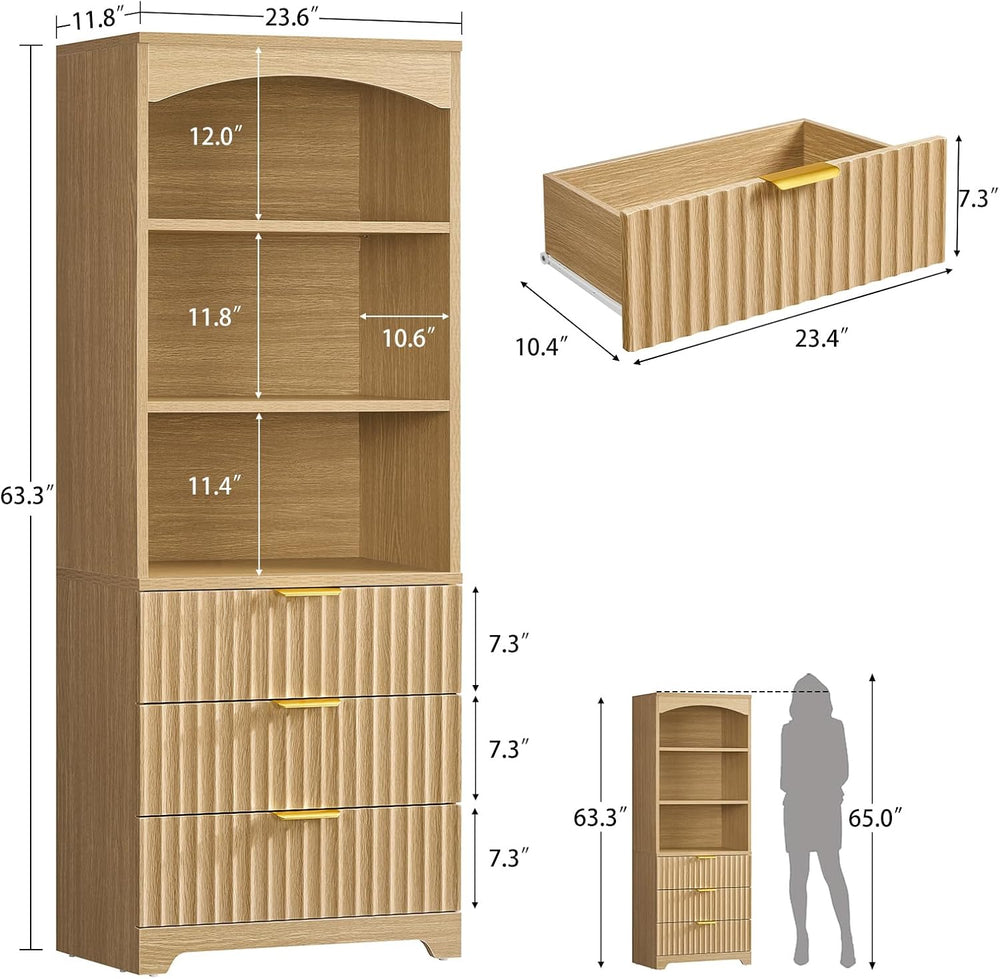 TEENFON 63.3" Tall Bookshelf, Bookshelves and Bookcases with Drawers, Ar...