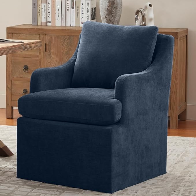 VKNOW Upholstered Dining Chairs, Modern Kitchen Chairs Dinner Chairs with 4 Casters, Chenille Armchair for Bedroom Reading Room Living Room, Blue