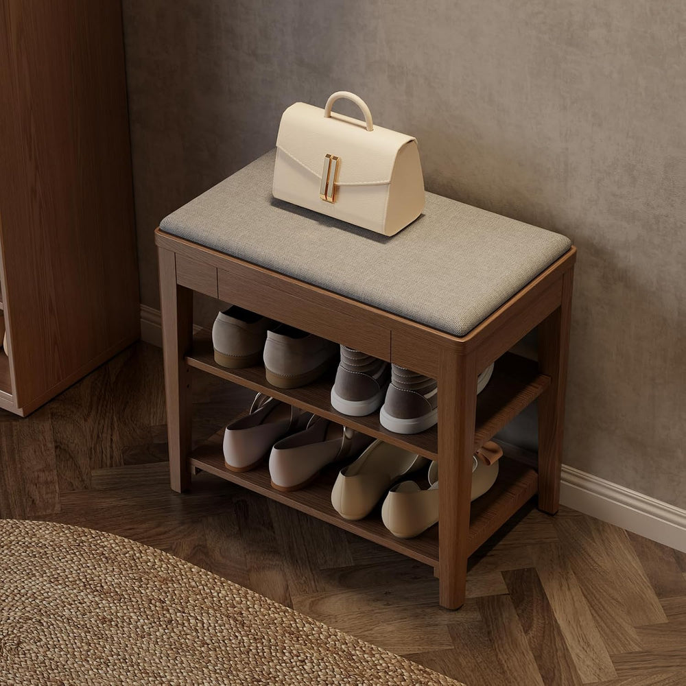 Small Shoe Bench with Storage, Wooden Shoe Storage Bench with Cushion&Hid...