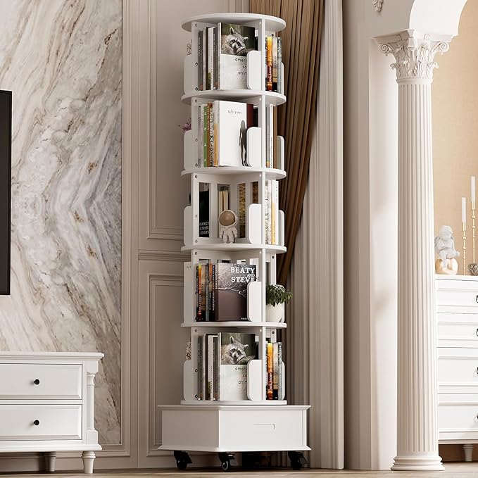 Solid Wood Rotating Bookshelf Tower, 5 Tier Spinning Bookcase with Drawer, 72" Floor Standing Revolving Bookshelf on Wheels, Corner Bookcase for Small Space, White