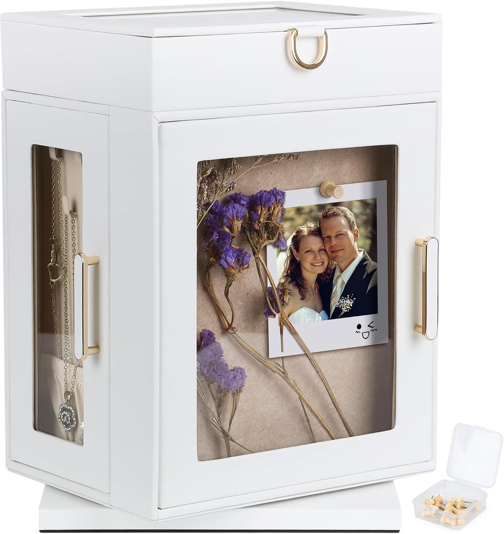 Kendal 360° Rotating Jewelry Box - White PU Leather Jewelry Organizer with Shadow Box & Pinboard, Detachable Top Tray, Drawers & Push Pins for Personalized Accessory Display & Storage