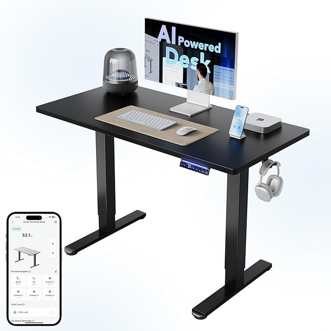 HUANUO One-Piece 48 inch Electric Standing Desk, Smart APP, Alexa & Google Voice Control, Wi-Fi, Adjustable Height, 6 Memory Settings, Sedentary Reminder, Posture & Neck Care, Black