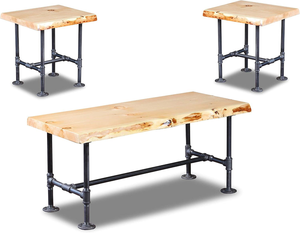 Live Edge Industrial Pipe End and Coffee Table Set of 3 – Hancrafted Rustic L...