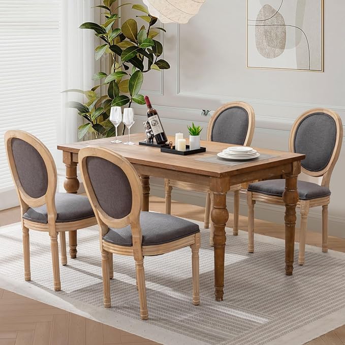 Upholstered Dining Chairs Set of 4 French Country Oval Fabric Back Kitchen Side Chair with Wood Legs for Dining Room, Kitchen, Restaurant(Dark Grey-Fabric)