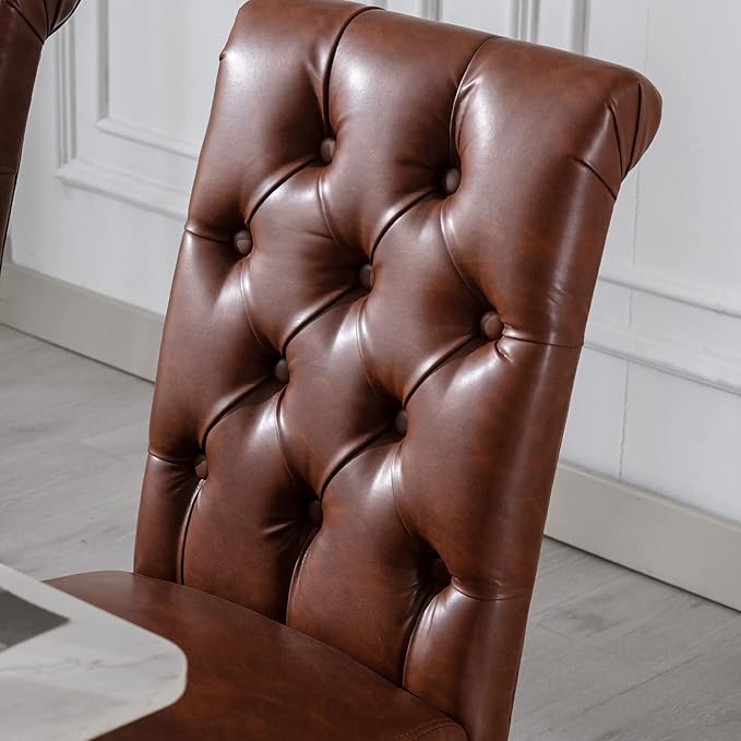 Faux Leather Dining Chairs Set of 6 Upholstered Dining Room Chairs Modern Tufted Accent Chairs Wooden Parsons Side Chairs for Home Kitchen Resturant, Brown
