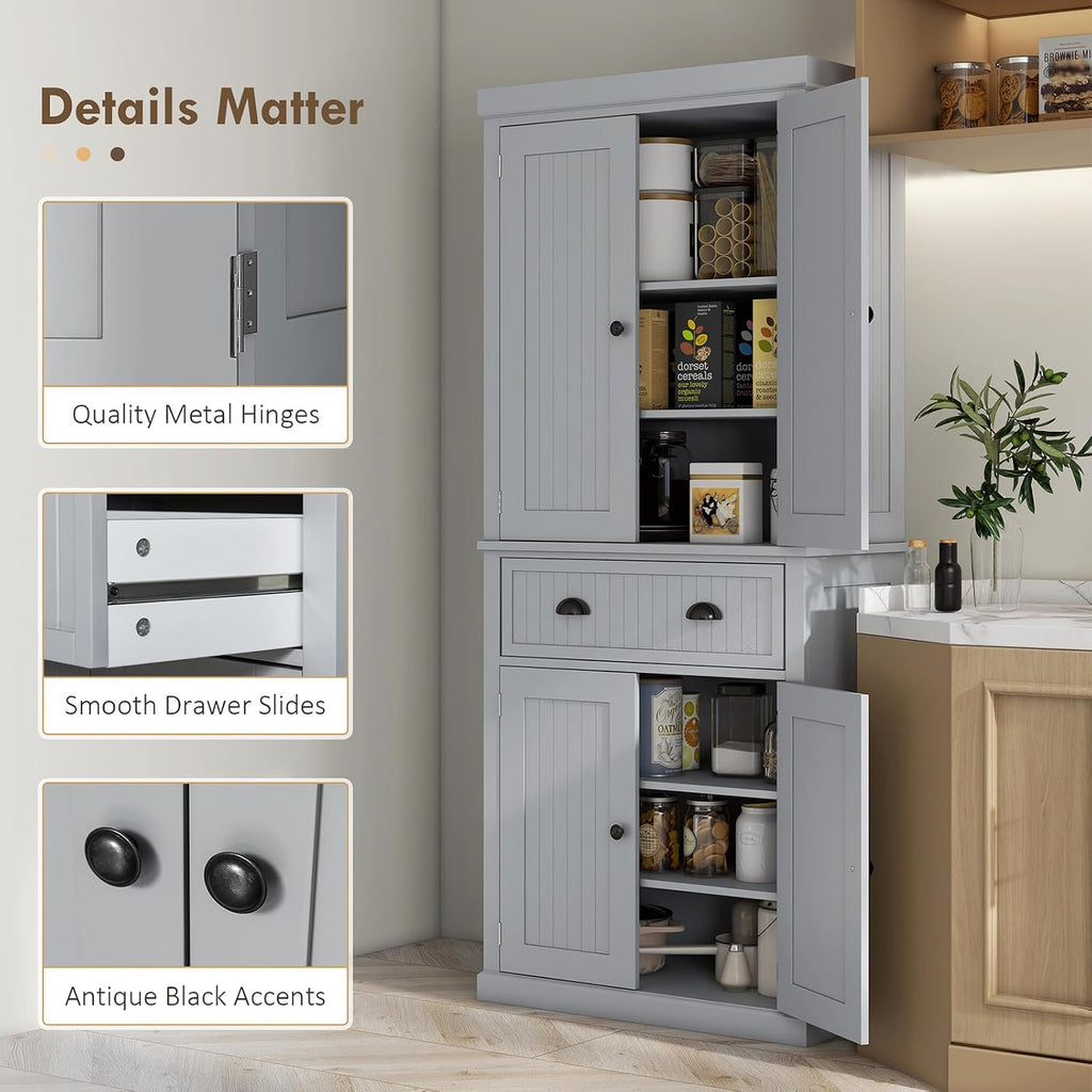 Pantry Storage Cabinet, 72" Traditional Freestanding Cabinet with 4 Doors and 3 Adjustable Shelves, Kitchen Large Central Drawer