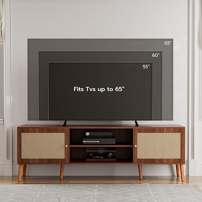 TV Stand for TVs up to 65'', Entertainment Center With Rattan Door, S...