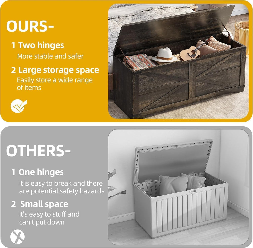 DWVO Wooden Storage Bench, Farmhouse Storage Chest with Safety Hinges, Entryway Shoe Organizer, Multi-Use Storage for Living Room/Bedroom, 47.2" L, Dark Rustic Oak | 2 slow-close safety hinges, large hidden storage, multi-use for entryway bedroom living