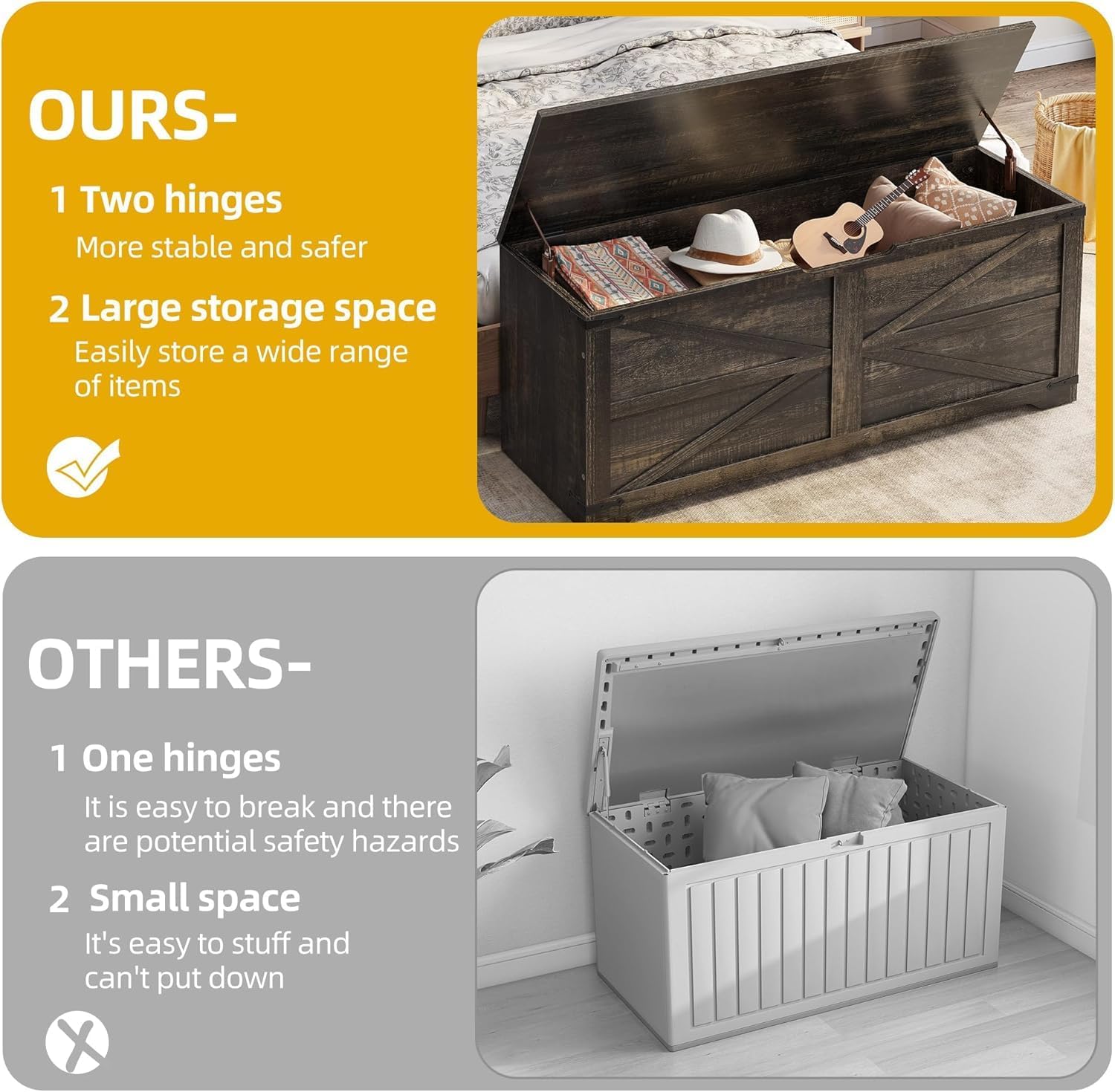 DWVO Wooden Storage Bench, Farmhouse Storage Chest with Safety Hinges, Entryway Shoe Organizer, Multi-Use Storage for Living Room/Bedroom, 47.2" L, Dark Rustic Oak | 2 slow-close safety hinges, large hidden storage, multi-use for entryway bedroom living