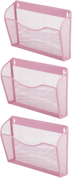 EASEPRES 3 Single Pocket Mesh Hanging File Organizer, Vertical Wall Mounted Magazine File Holder, Mount Basket Mail Paper Document Folder Organizing for Office, Home and School, Pink
