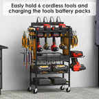 CCCEI Power Tool Organizer Cart with Charging Station, Garage Floor Rolling Storage Cart on Wheels for Mechanic, Mobile 6 Drill, Tool Box Utility Cart with Power Strip, Yellow.
