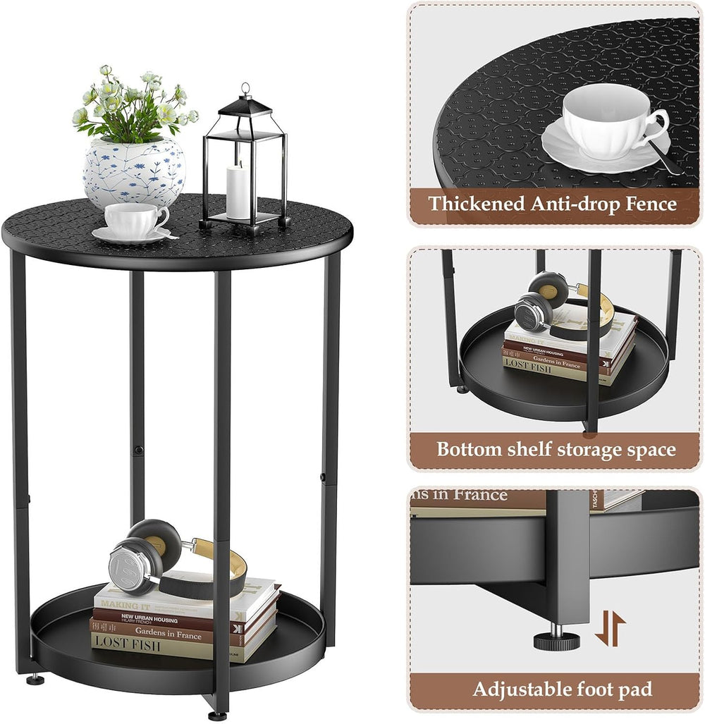 Small Round Side Table, 2 Tiers End Table, Nightstand with Metal Storage Shel...