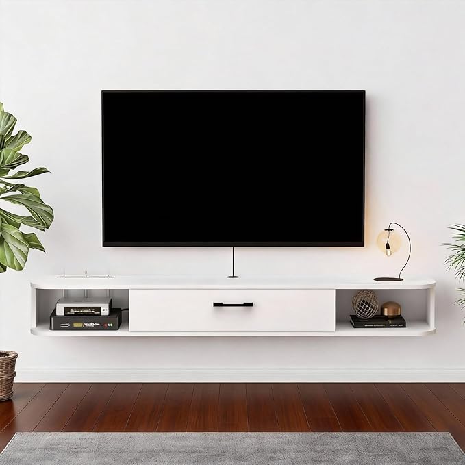 Floating TV Unit, 63'' Wall Mounted TV Cabinet, Floating Shelves with Door, Modern Entertainment Media Console Center Large Storage TV Bench for Living Room & Office (62.99IN, White)