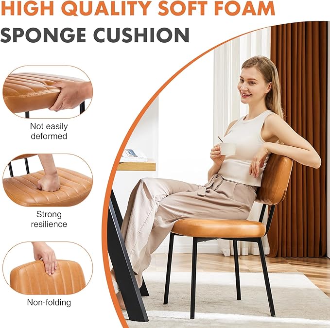 Sweetcrispy Dining Chairs Set of 6, Upholstered Mid Century Modern Kitchen Accent Chairs with Faux Leather Cushion Seat & Metal Legs for Home Office, Living Room - Brown