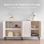 Modern TV Stands for 75 Inch TVs, 61.75‬"W Wood Entertainment Center w/Adjustable Shelves, Mid Century Modern TV Stand w/Arched Fluted Doors, Media Console Cabinet for Living Room, White