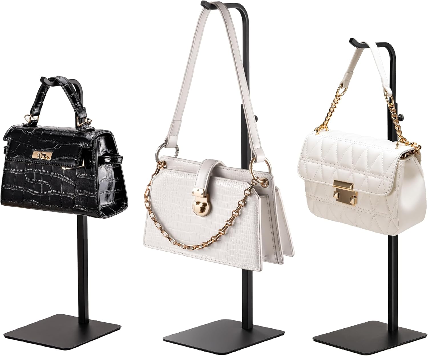 pickpiff 3 Pack Purse Holder Handbag Display Stand: Black Hanger Rack for Bags, Purses, and Wreath, Adjustable Hook Stand for Tabletop, Closet, and Retail Use for Vendors