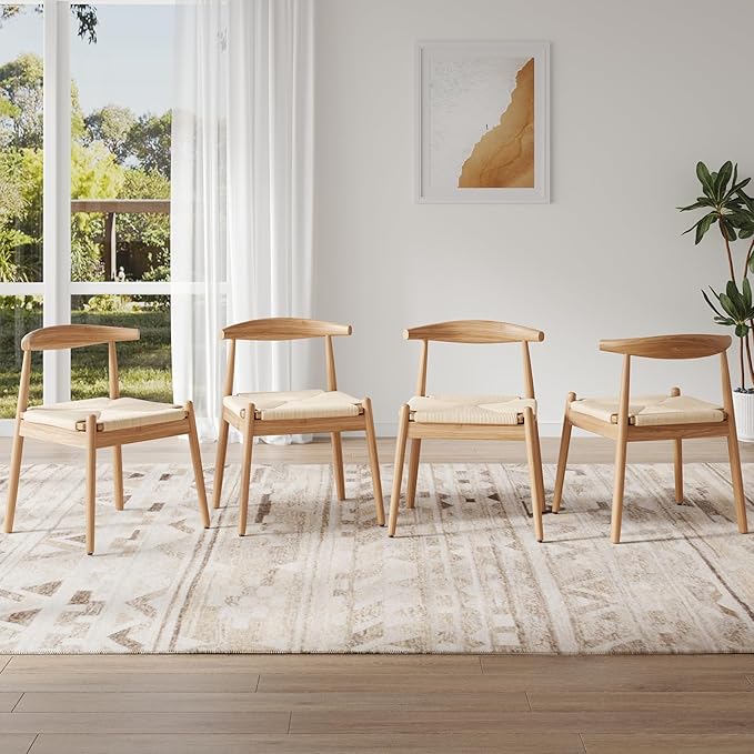 Farini Mid Century Modern Dining Chairs Set of 4, Solid Wood Frame Kitchen Chairs with Woven Upholstered Seat for Dining Room & Breakfast Nook,Natural-Beige