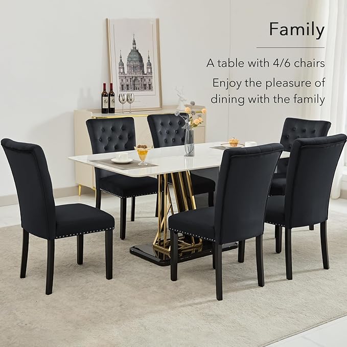 Velvet Dining Kitchen Chair Set of 2, Parsons Upholstered Dining Room Chair, Wood Accent Chair with Nailed Trim, Black