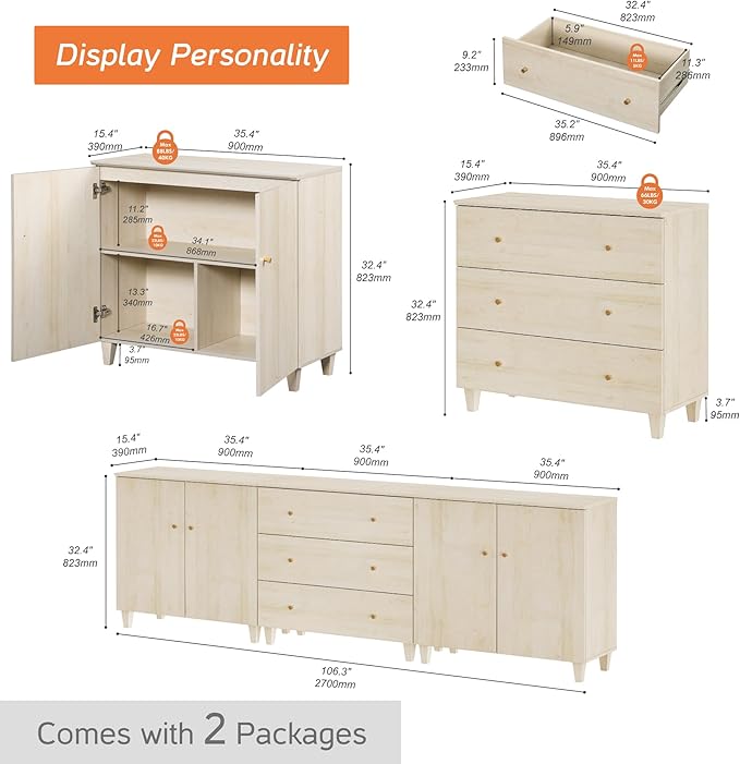 WAMPAT TV Stand Cabinets for 100+ Inches TVs, 3-in-1 Wood Media Console Table with Doors and Drawers, Modern Highboy Entertainment Center with Storage for Living Room Bedroom, Natural Oak