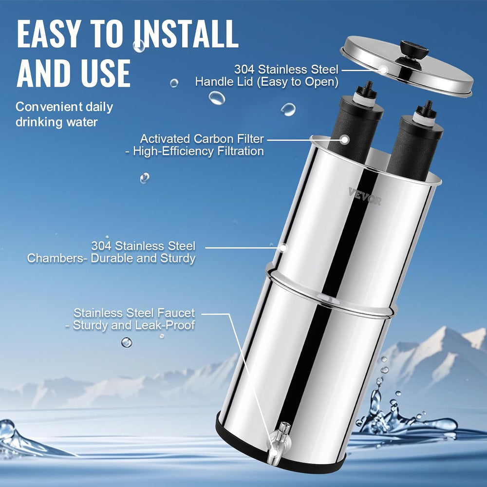 VEVOR Gravity-fed Water Filter System, 1.5G 304 Stainless-Steel Countertop Sy...