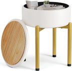 Memobarco 18-Inch Leather Vanity Stool Chair with Storage, Vanity Bench with 4 Golden Metal Legs & Anti-Slip Adjustable Feet,Round Storage Ottoman Stool with Removable Soft Padded Seat, White