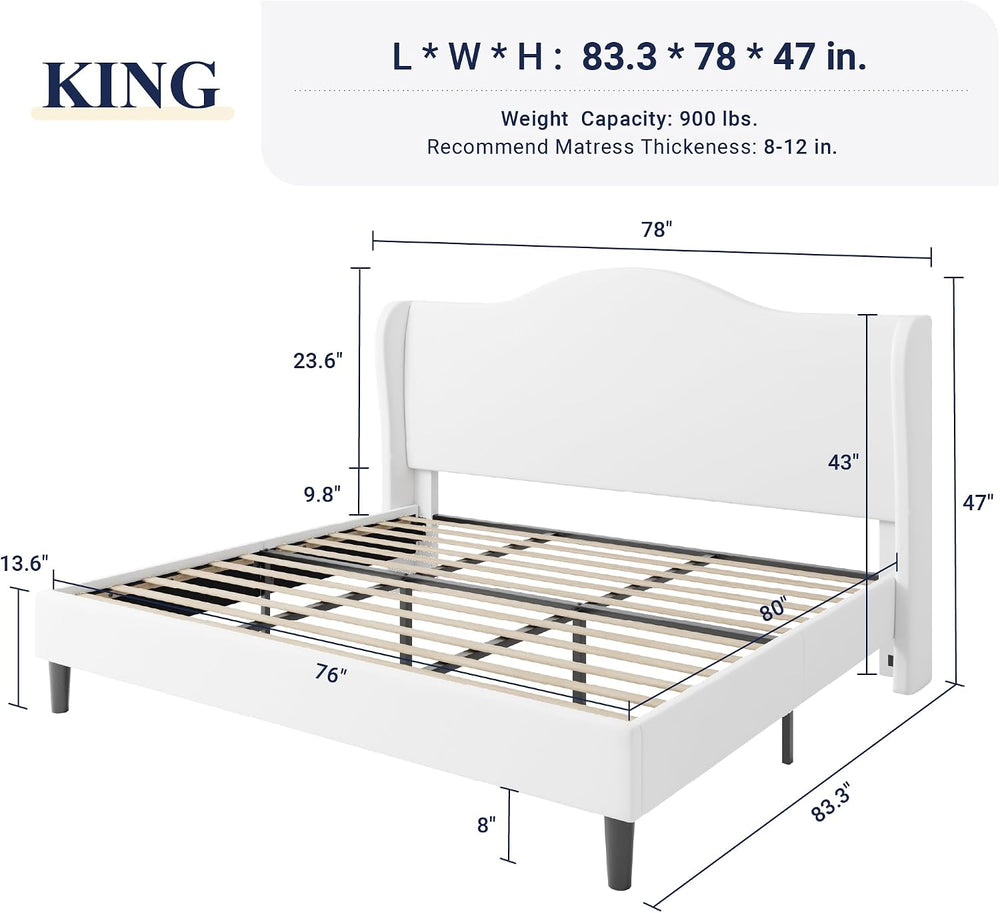 Allewie King Size Bed Frame, Plush Velvet Wingback, Modern Style, White