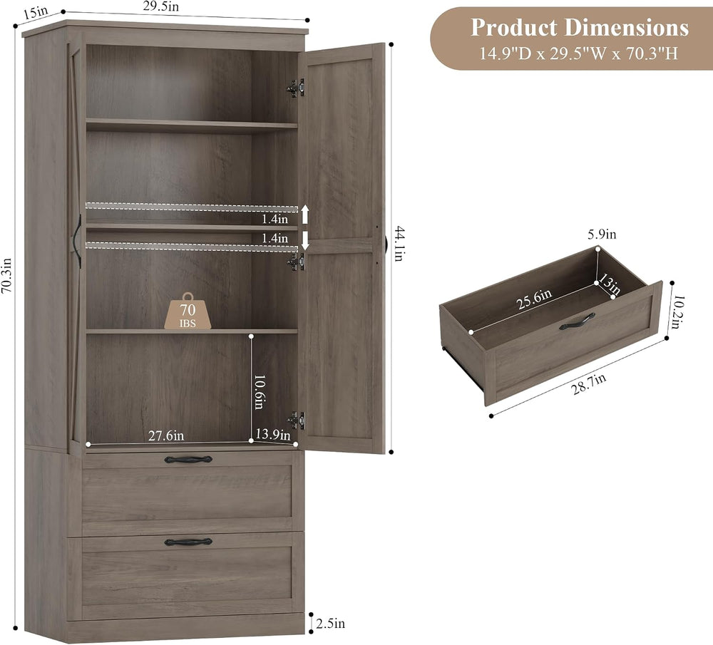 HOSTACK 70" Tall Kitchen Pantry Storage, Barn Doors Pantry Cabinet with ...