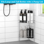 2 Tier Floor Standing Corner Shower Caddy Organizer Shelf with Hooks, Bathroom Shelves Stand Rack, Silver