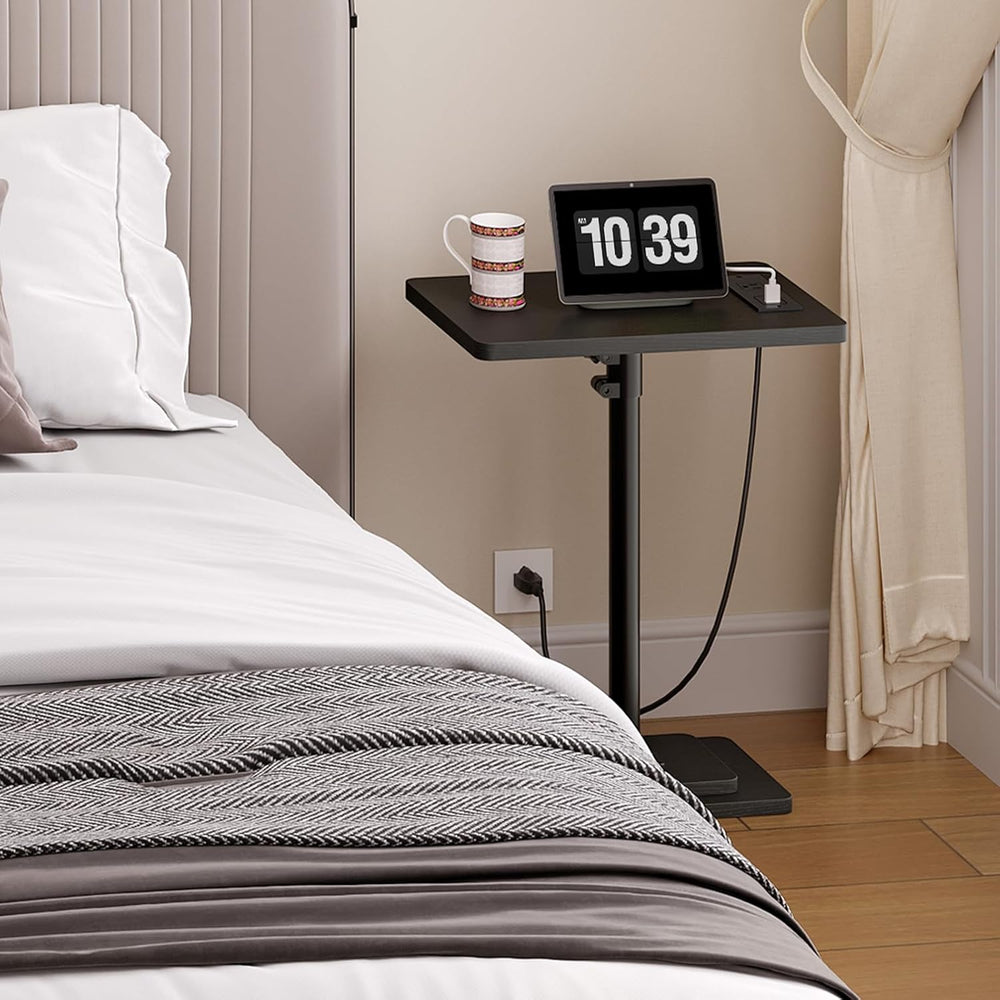 HOOBRO Adjustable Height End Table, 360° Swivel Narrow Side Table with Chargi...