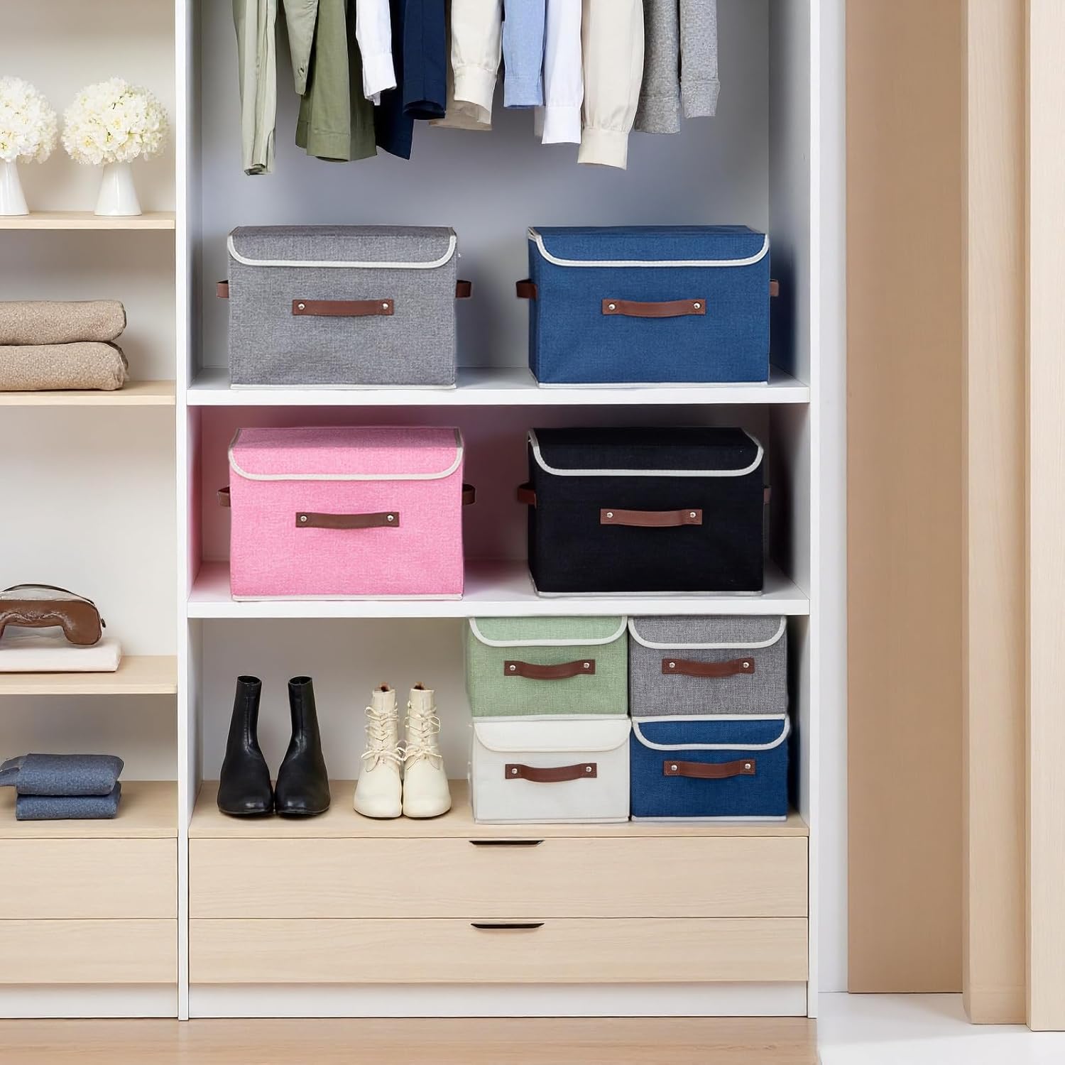 Collapsible Storage Boxes Baskets with Lid Cotton Linen Fabric Storage Bins with Faux Leather Handles Decorative Washable Cube Organizer Container for Home Closet Bedroom (Gray, Small Size)