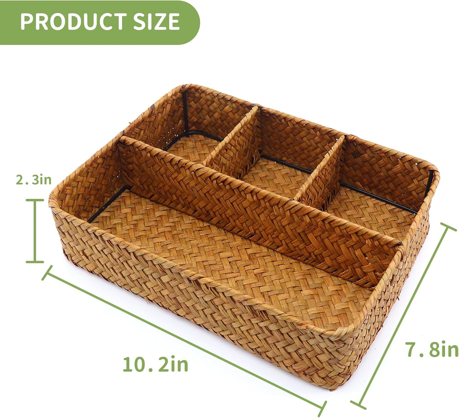 Wicker Baskets 4-Section Tea Bag/Sugar Packet Holder,Seagrass Woven Compartment Organizer,Storage Rattan Divided Basket,Office-Desk Baskets for Shelves,Pantry,Coffee Station Organizer,Countertops
