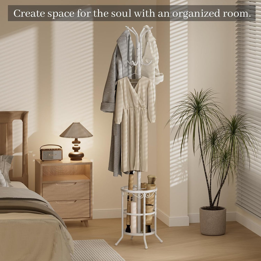 Coat Rack Freestanding with Umbrella Holder – Metal Hanger Stand, Hall Tree with 12 Hooks, Entryway Organizer for Hats, Bags, and Clothes (White)