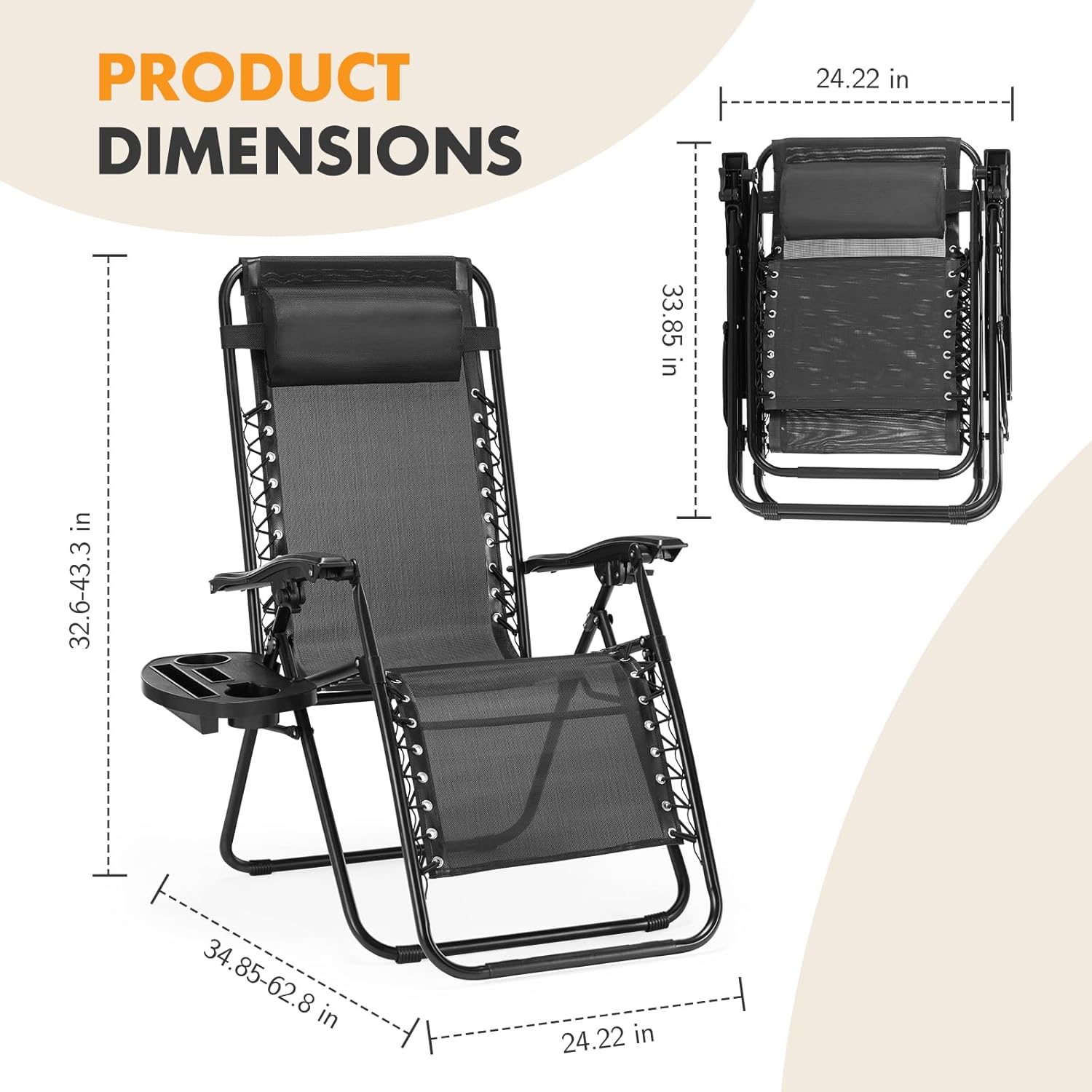 Zero Gravity Chairs Set of 2, Outdoor Lounge Chairs, Black | Folding Reclining Patio Lawn Chairs with Mesh Back, Adjustable Pillows and Cup Holder Trays, for Pool, Beach, Camping