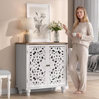 Accent Cabinet with Doors, Decorative Storage Cabinet with Adjustable Shelf, Carved Sideboard Buffet with Solid Wood Legs for Living Room, Entryway, Kitchen, Hallway, White