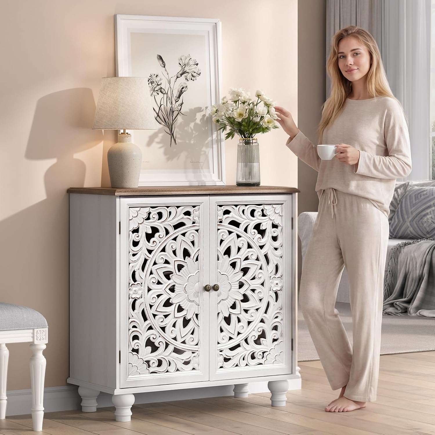 Accent Cabinet with Doors, Decorative Storage Cabinet with Adjustable Shelf, Carved Sideboard Buffet with Solid Wood Legs for Living Room, Entryway, Kitchen, Hallway, White