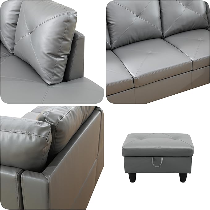 Sectional Couches for Living Room with Movable Chaise & Storage Ottoman - 97.5" Leather L Shaped Couches for Living Room Apartment, 4 Seat Home Furniture Modular Sectional Sofas, Grey