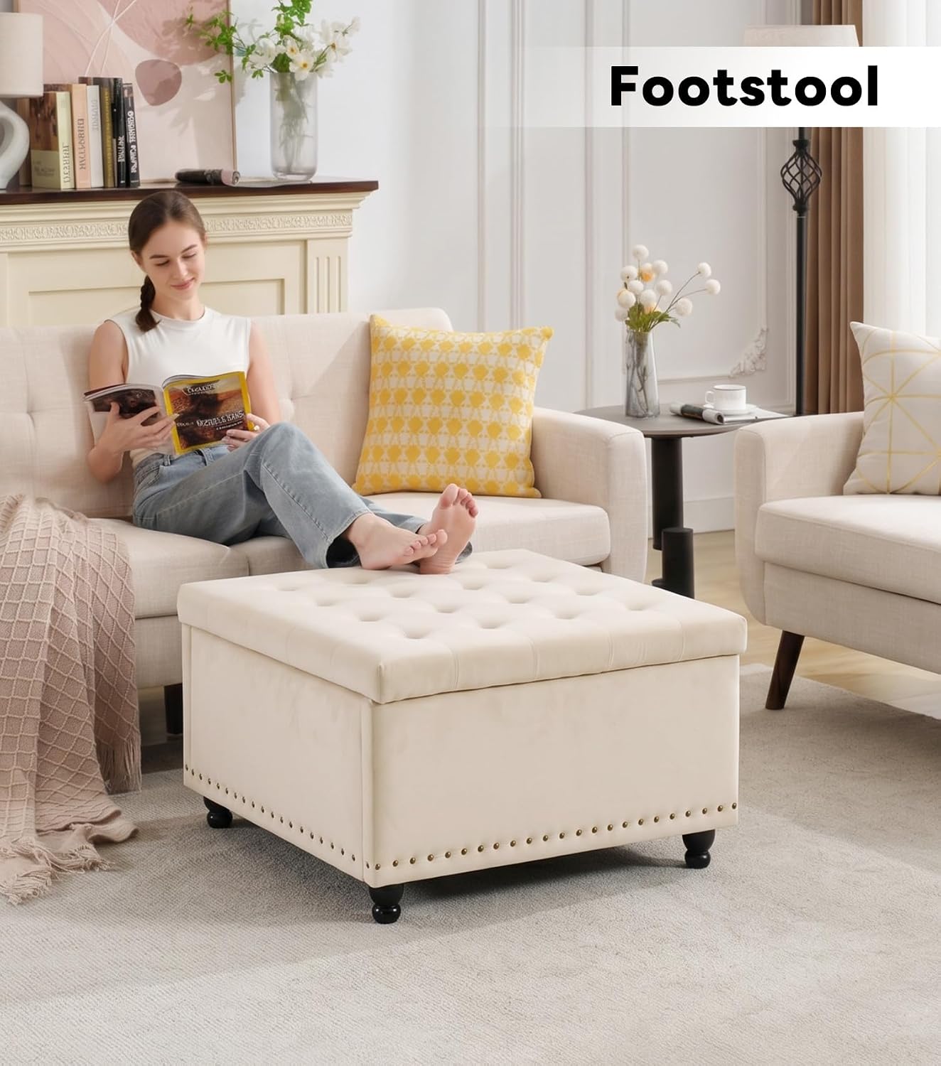 Tbfit Large Square Storage Ottoman Bench, Button Tufted Upholstered Coffee Table Ottoman with Wooden Legs, Oversized Storage Ottomans Toy Box Footrest for Living Room, Beige Velvet