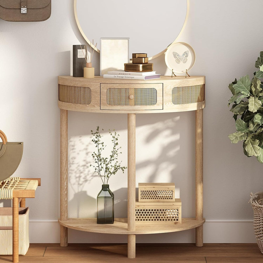 RowyPoey Rattan Half Moon Console Table, Modern Small Entryway Table