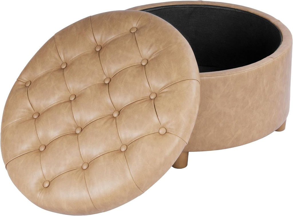 HomePop Home Decor | Button Round Storage Ottoman | Ottoman with Storage for Living Room & Bedroom, Light Camel Faux Leather