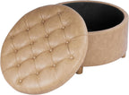 HomePop Home Decor | Button Round Storage Ottoman | Ottoman with Storage for Living Room & Bedroom, Light Camel Faux Leather