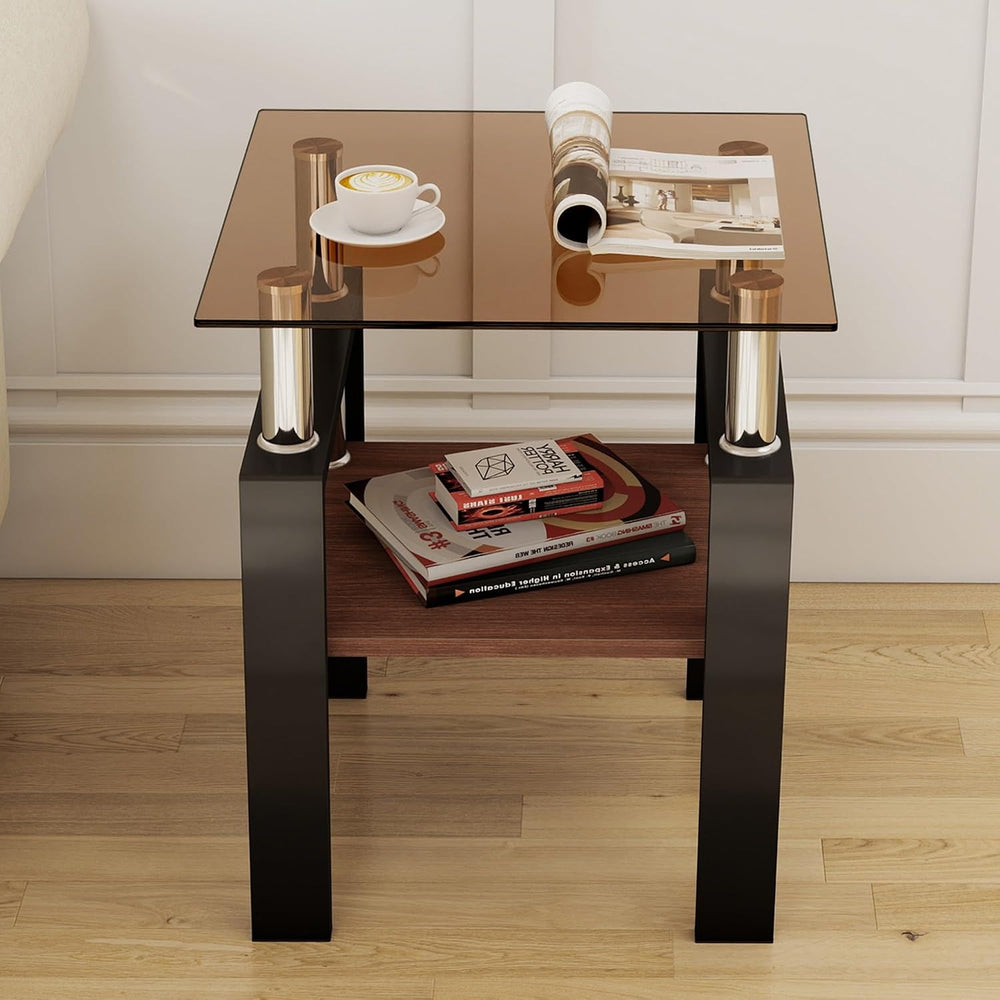 Glass Side Table Set of 2, Small 2-Tier End Table with Tempered Glass Top and...
