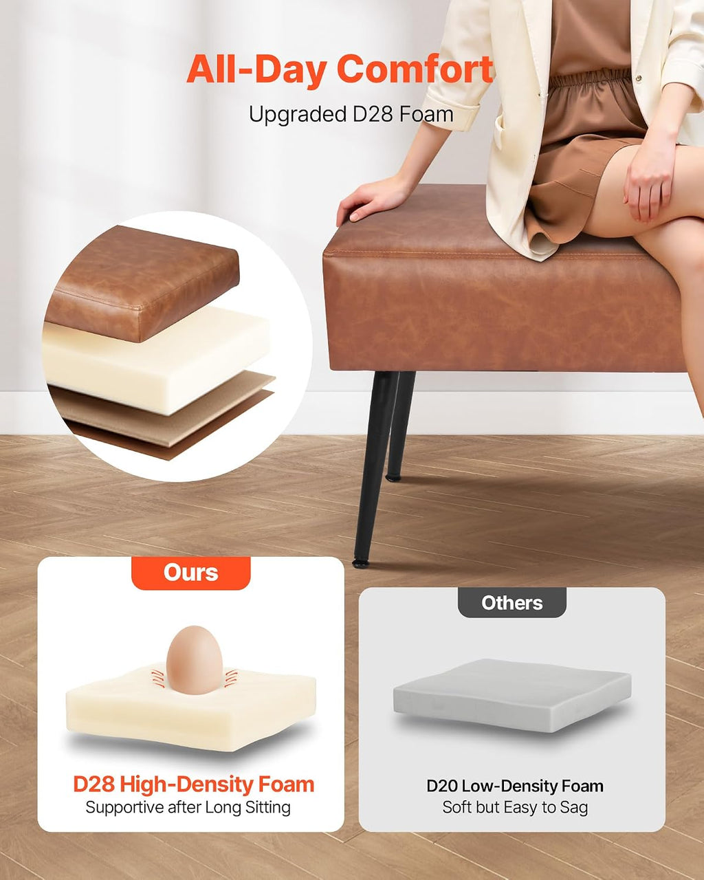 VEVOR Leather Bedroom Bench, PU Leather Bench with Metal Legs and with Stitching for Entryway, Upholstered Shoe Bench Seat, Modern End of The Bed Benches for Living Room, Dining Room, Hallway, Brown