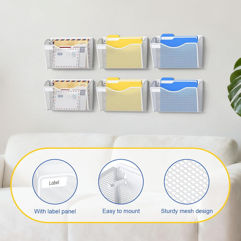 Samstar 6 Pack Mesh Wall Mounted File Holder Metal Wall File Pocket Mail Organizer for Office/Home(with Label Panel), White