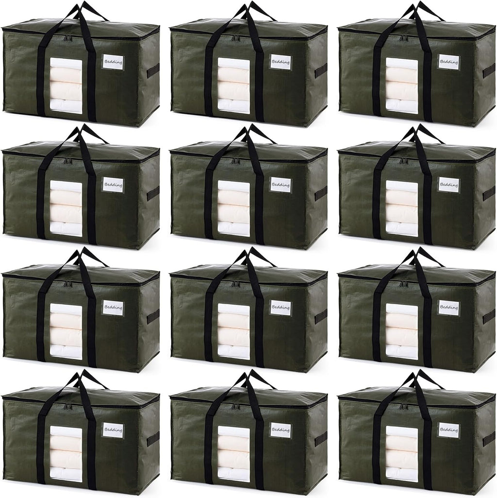 TAILI 12 Pack Green Extra Large Storage Bags, Heavy Duty Totes with Visible Window, Wrap Around Handles, Perfect for Moving and Storage