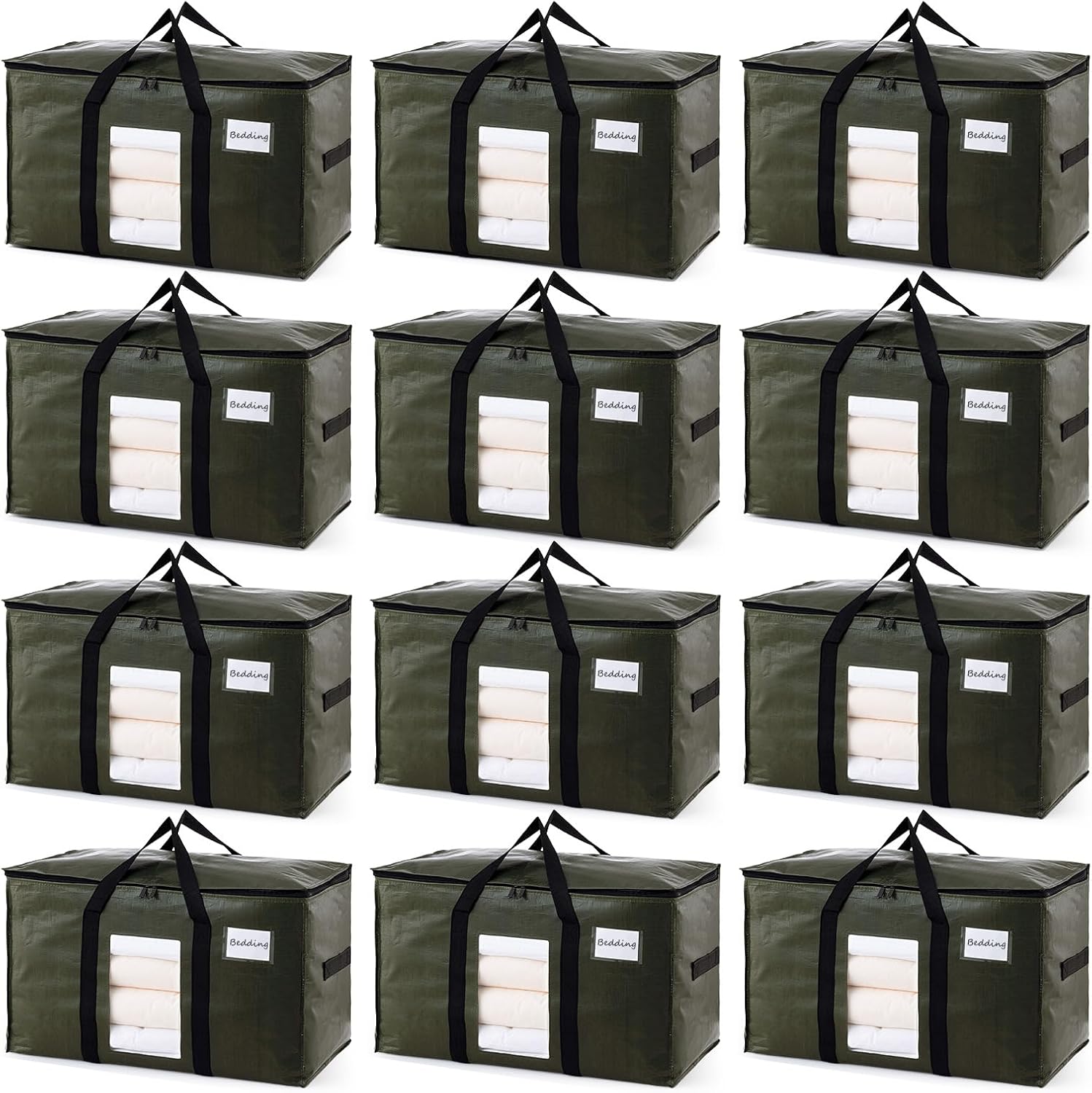 TAILI 12 Pack Green Extra Large Storage Bags, Heavy Duty Totes with Visible Window, Wrap Around Handles, Perfect for Moving and Storage