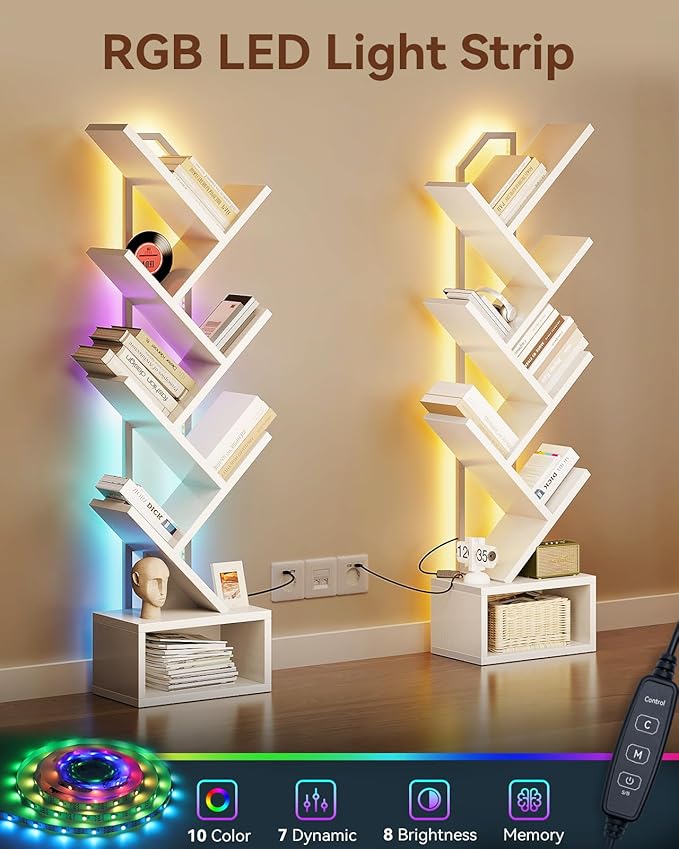 Casaottima White Tree Bookshelf with LED Light Strip — 6-Tier Small Floor Sta...