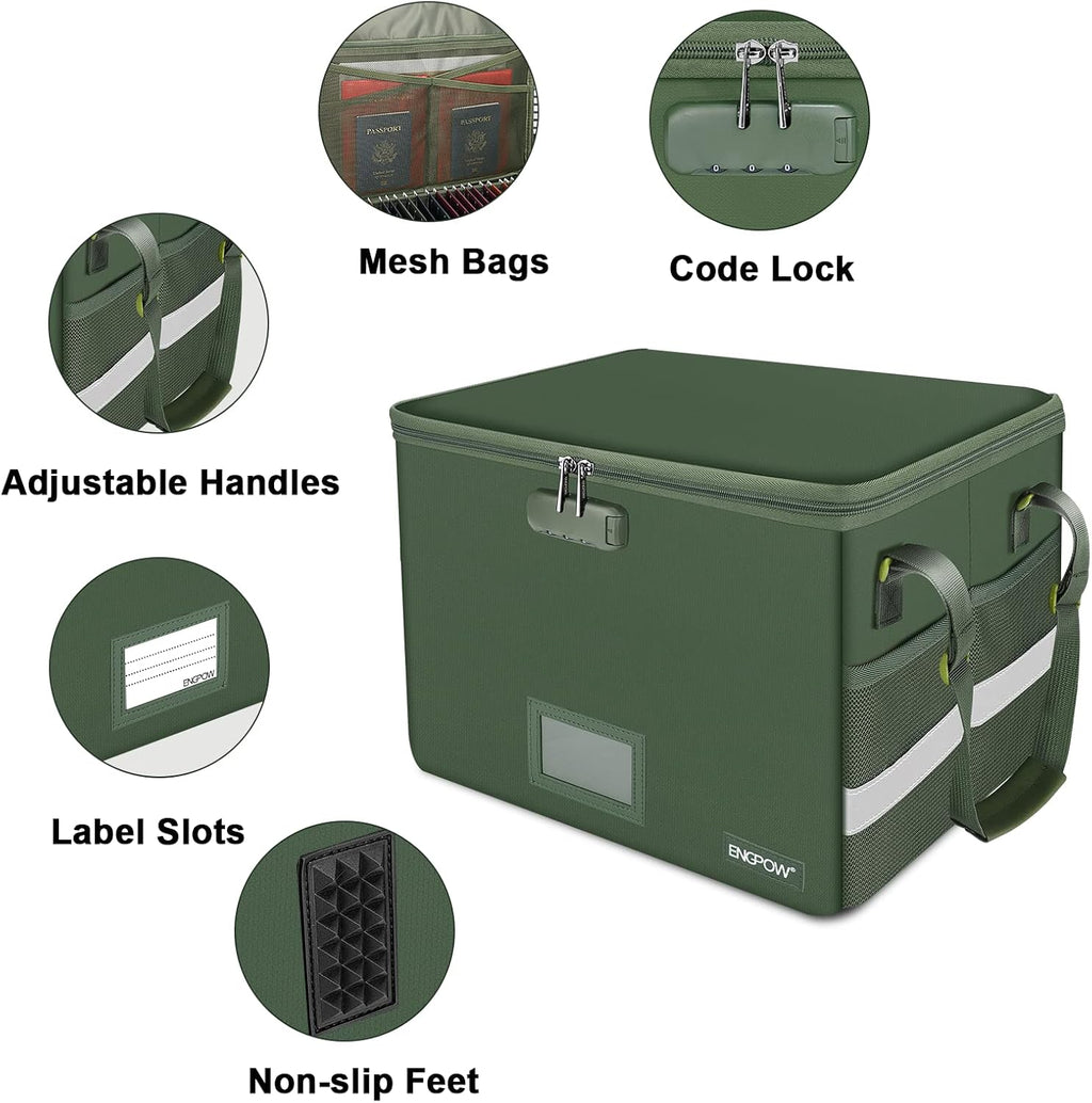 ENGPOW File Box with Lock, Fireproof Document Box with Pockets, Collapsible File Organizer Filing Storage Cabinet with Handle, Portable Home Office Safe for Hanging Letter/Legal Folders,Green,2 Pack